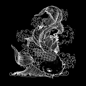 Koi carp with japanese waves. Sketch vector illustration. Tattoo print. Hand drawn sketch illustration for t-shirt print, fabric and other uses.