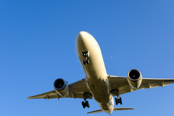 夕暮れ時、大阪国際空港より飛び立つジェット機。滑走 路手前の千里川土手より撮影	