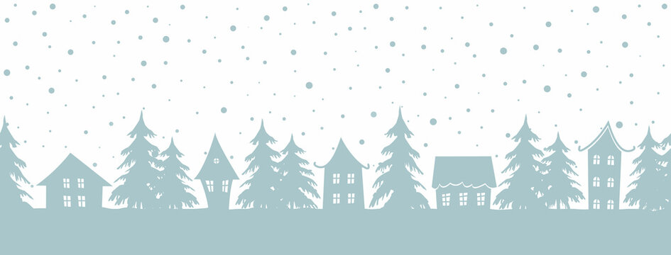 Christmas background. Winter landscape. Seamless border. There are gray blue houses and fir trees on a white background. Vector illustration