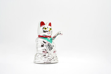 maneki-neko lucky charm arm waving silver cat