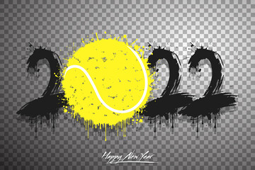 Numbers 2022 and a abstract tennis ball made of blots in grunge style. Design text logo Happy New Year 2022. Template for greeting card, banner, poster. Vector illustration on isolated background