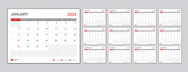 Calendar template for 2024 with week start on Sunday.Desk Calendar 2024 template, Planner simple, wall calendar 2024 design, Stationery, printing media, vector illustration