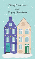 Christmas card with houses. Amsterdam, Netherlands architecture. Cute colorful houses. Vector illustration. European style. Merry Christmas and Happy new year