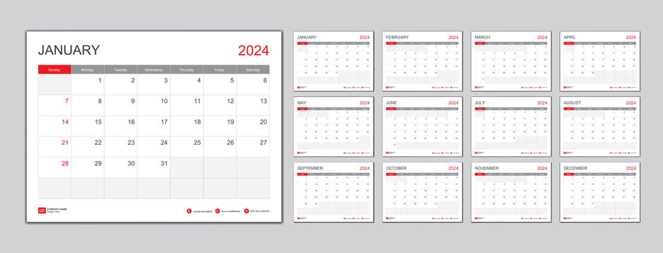 Calendar template for 2024 with week start on Sunday.Desk Calendar 2024 template, Planner simple, wall calendar 2024 design, Stationery, printing media, vector illustration - Powered by Adobe