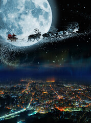 Flight of Santa's deer in Christmas night