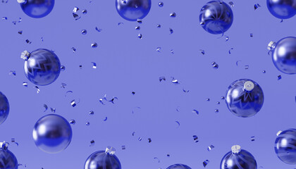Christmas or New Year holidays background, violet shiny baubles with confetti, 3d render