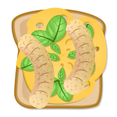 Toast with sausage chicken and cheese with basil food illustration vector