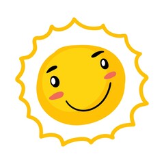 Funny eyed Sun. Sunshine cute summer logo. Spring light emotion, doodle vector isolated on white background.