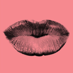 Vector shape illustration of cut woman lips in kiss shape and in black halftone effect made from small dots on pink background - obrazy, fototapety, plakaty
