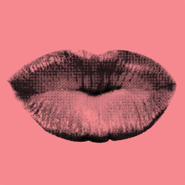recommend clip art: Vector shape illustration of cut woman lips in kiss shape and in black halftone effect made from small dots on pink background