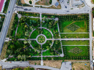 Top drone view of park, modern garden design