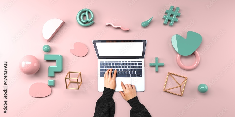 Poster person using a laptop computer with geometric shaped objects from above