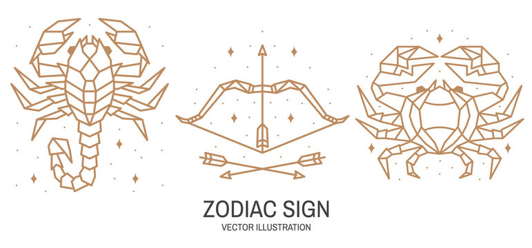 Set of zodiac astrology horoscope sign scorpio, sagittarius, cancer linear design. Vector illustration. Elegant line art symbol or icon of scorpio, sagittarius, cancer esoteric zodiacal horoscope