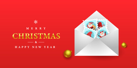 Christmas stamp in an open envelope design banner