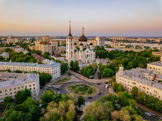 Evening Voronezh, Annunciation Cathedral, aerial drone view