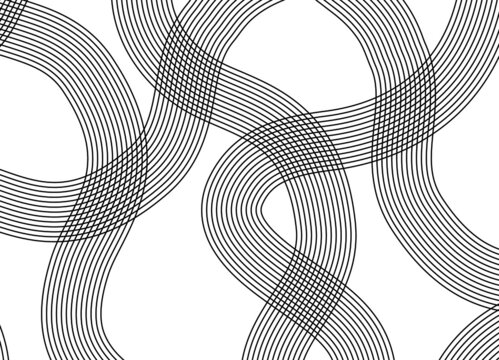 Trendy abstract pattern of thin black parallel lines on a white background. Vector wavy background.