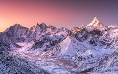 Beautiful sunset light above snow peaks in Nepal