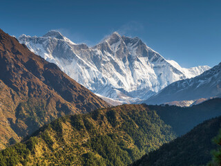 view to hills of valley Khumbu and summits Everest and Lhotse in Nepal