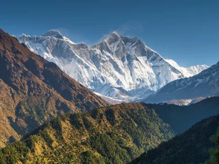 Papier Peint photo Lhotse view to hills of valley Khumbu and summits Everest and Lhotse in Nepal