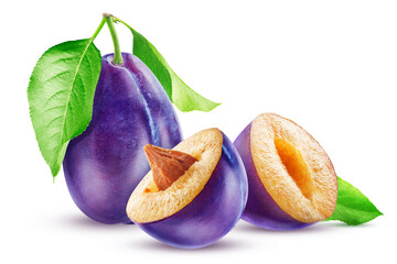 Juicy fresh blue plum with leaves and two halves, one with a stone, isolated on a white background.