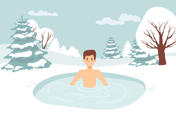 Obraz na płótnie Canvas male Character Swimming in Ice. Healthy lifestyle challenge, sport activity concept. Hole in Winter Season. man Temper, Healthy Lifestyle Challenge, Sports Activity. Vector Illustration landscape