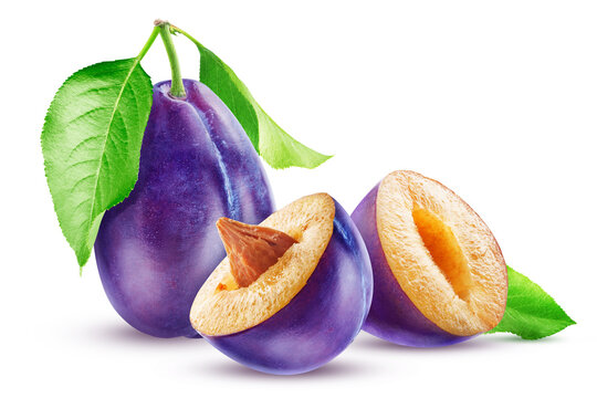 Juicy fresh blue plum with leaves and two halves, one with a stone, isolated on a white background.