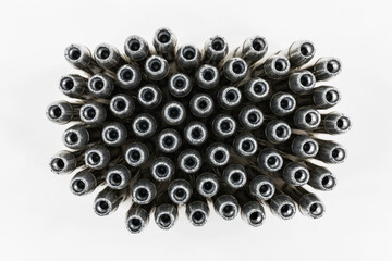 Macro wide angle view of 38 caliber hollow point bullets with white background. 