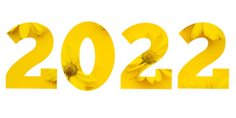 Lettering 2022 as a yellow floral background on a white background