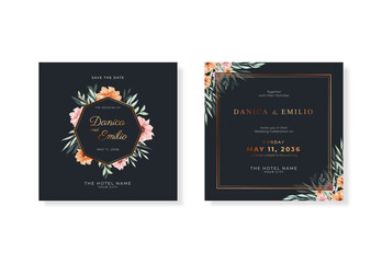 Luxury black and gold square wedding card template with floral watercolor