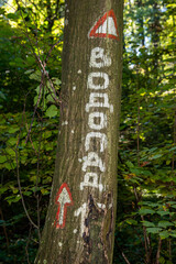 a wooden inscription in nature that shows the way to the waterfall (waterfall - in Serbian).