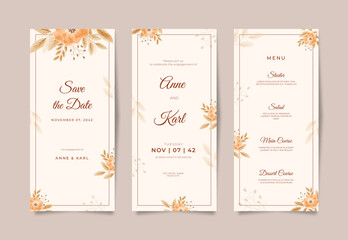Elegant wedding card template with boho floral watercolor