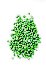 Frozen fresh green peas on a white background. Bright beans on a light background.