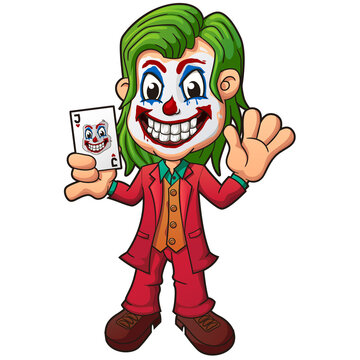 Kid with Joker makeup, Waving hand and showing a card, Clip art Character. Vector Illustration
