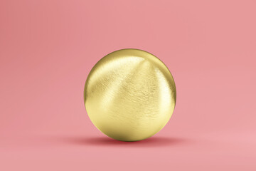 Shiny Big Golden Sphere on pink studio background