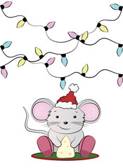 Cute little mouse with Santa hat celebrates the new year and eats cheese vector illustration isolated on white