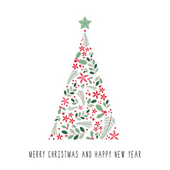 Christmas tree made of Christmas decoration. Vector illustration Greeting card isolated on white background