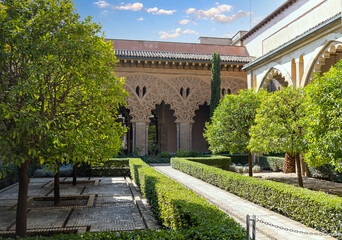  large historic aljafería palace in saragossa spain on a warm sunny day inside