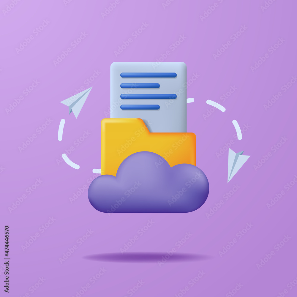 Wall mural cloud file server data transfer concept. 3d cute icon yellow folder with page document.