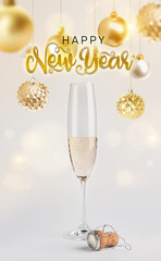 Greeting card for New Year celebration with glass of champagne