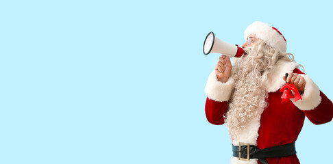 Santa Claus with megaphone and Christmas bell on blue background with space for text