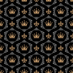 Beautiful background pattern in royal style, gold ornaments on a black background. Fabric texture swatch, seamless wallpaper. Vector illustration