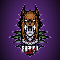 esport mascot of shaman head, this cool and fierce image is suitable for esport team logos or for adventure and hunting team logo, can be used t-shirt or merchandise design