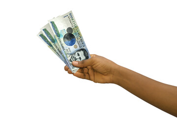 Fair hand holding 3D rendered 20000 Colombian peso notes isolated on white background