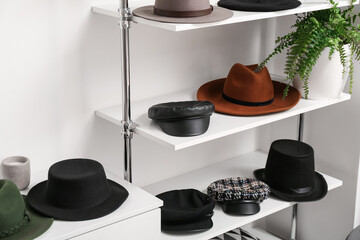 Shelves with different felt hats on shelves in wardrobe