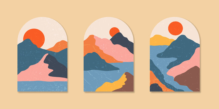 Abstract arch modern boho landscape with mountains, river, sun, waves. Contemporary minimalist print template. Vector illustration of geometric archway scene with hills and lakes in japanese style