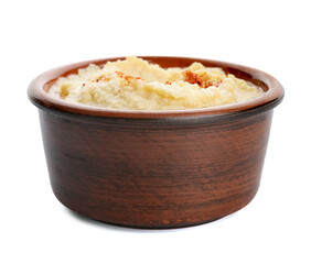 Bowl with delicious hummus on white background