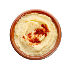 Bowl with delicious hummus on white background