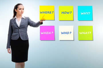 Concept of many different questions asked with businesswoman