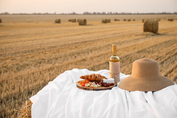 Picnic with tasty snack and wine on haystack in harvested field