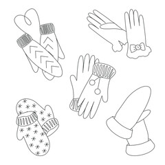 Naklejka premium A set of gloves and mittens. Contour vector image. Suitable for creating patterns, Christmas cards, clothing catalogs, icons. 